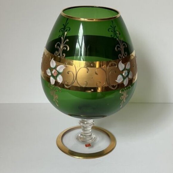 Vtg Empoli Green Glass Gilded Hand Painted Pedestal Vase Brandy Snifter MCM 11" - Picture 3 of 10